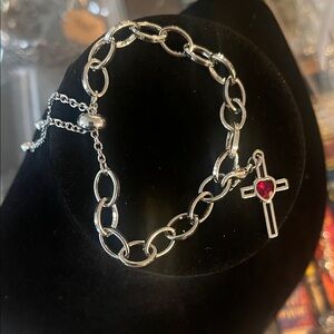 Silver Bracelet with Red Heart Cross Charm